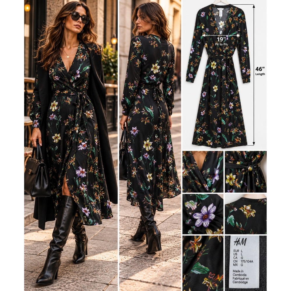 H&M Black Floral Wrap Midi Dress L Dark Romantic Whimsigoth Witchy Feminine